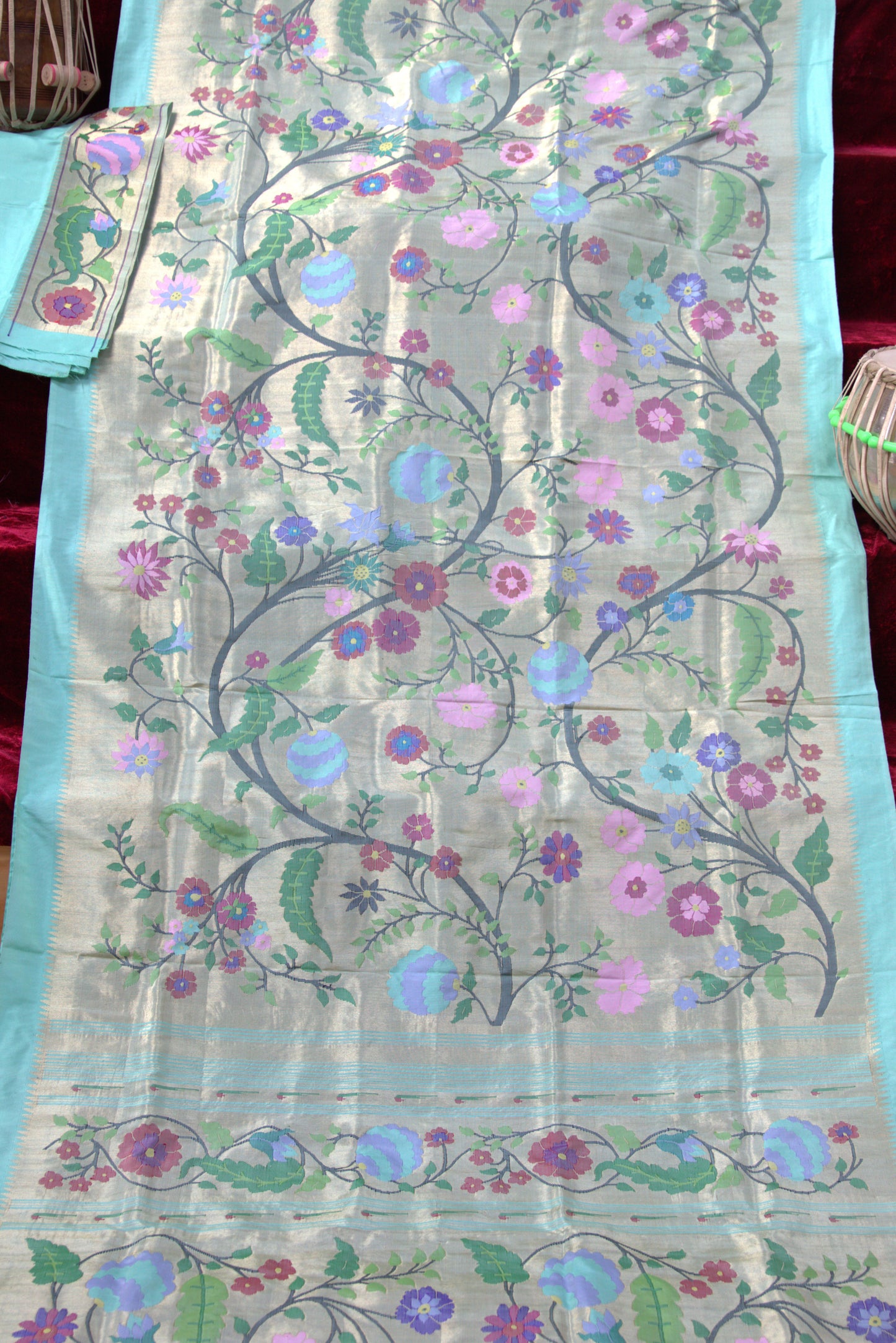 Sky Blue and Gold Floral Allover Paithani Sari