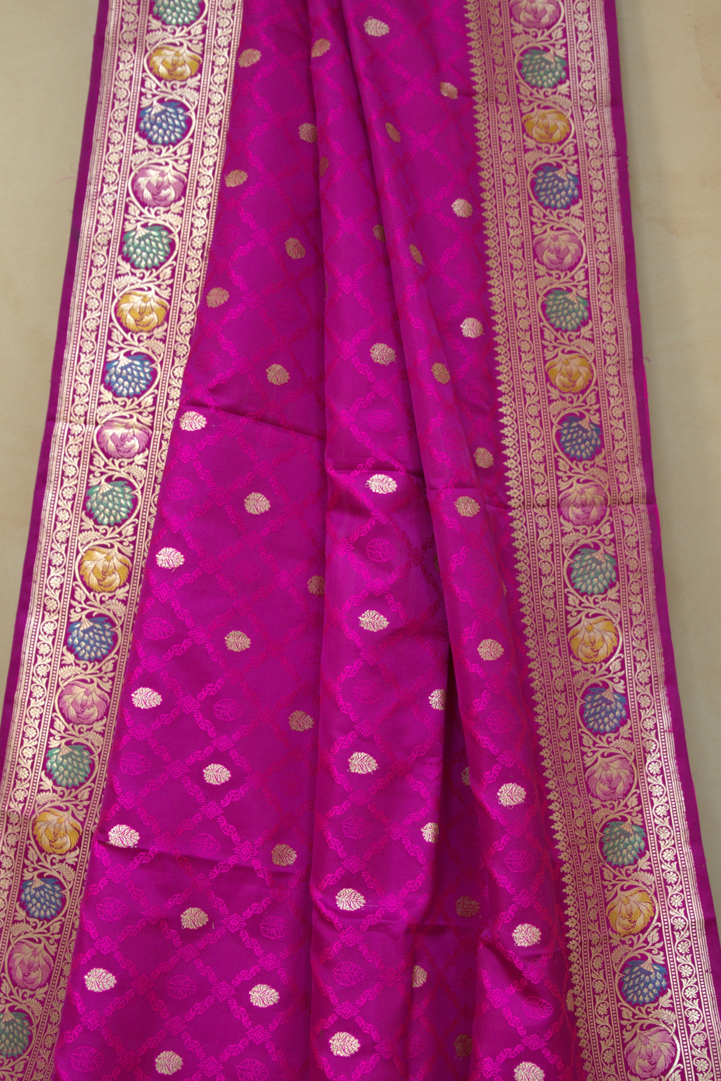 Hot Pink and Gold Masroo Banarasi Silk Sari