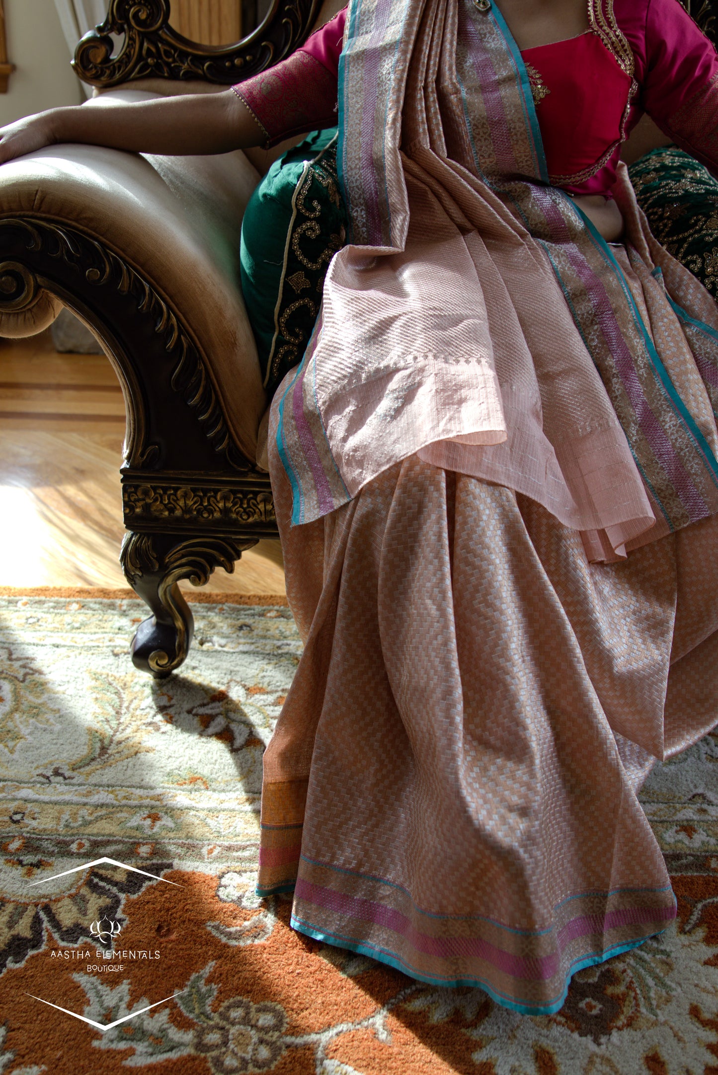 Rose Gold and Turquoise Jamavar Sari