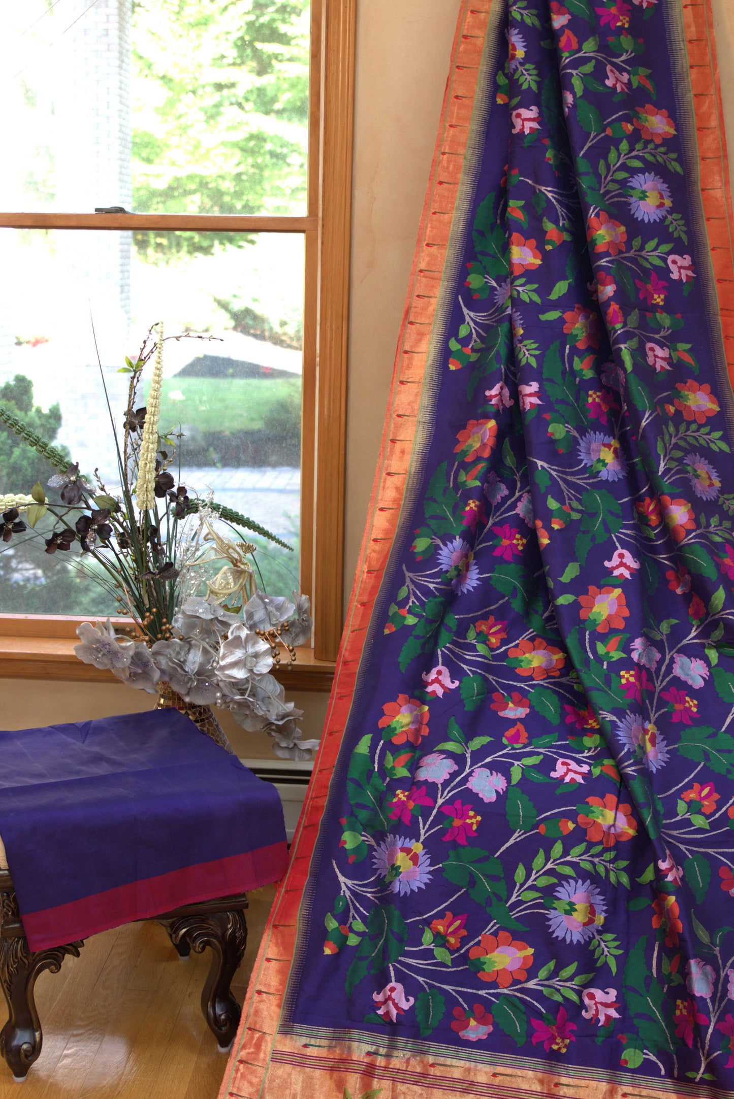 Navy and Bronze Floral Allover Paithani Sari