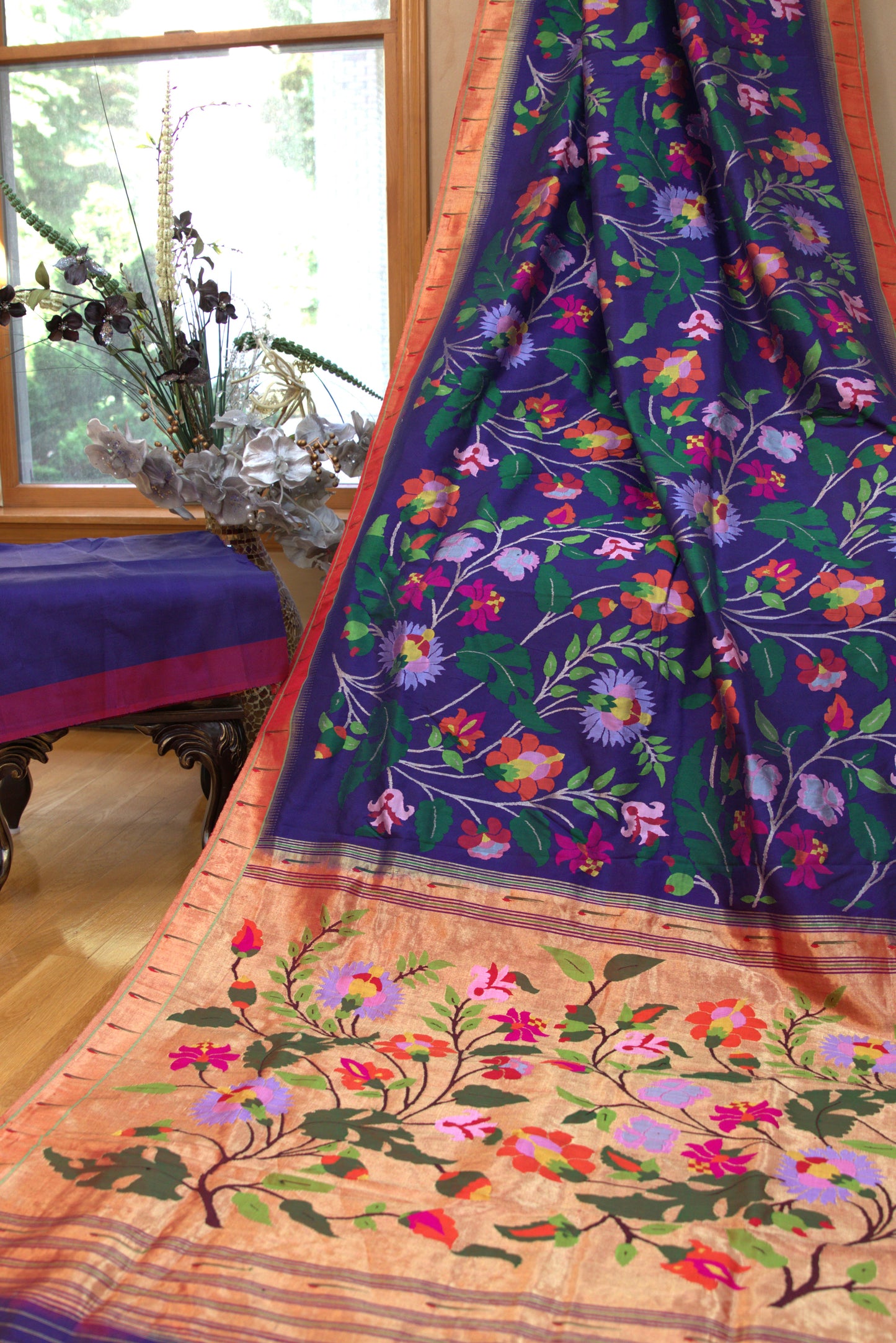 Navy and Bronze Floral Allover Paithani Sari