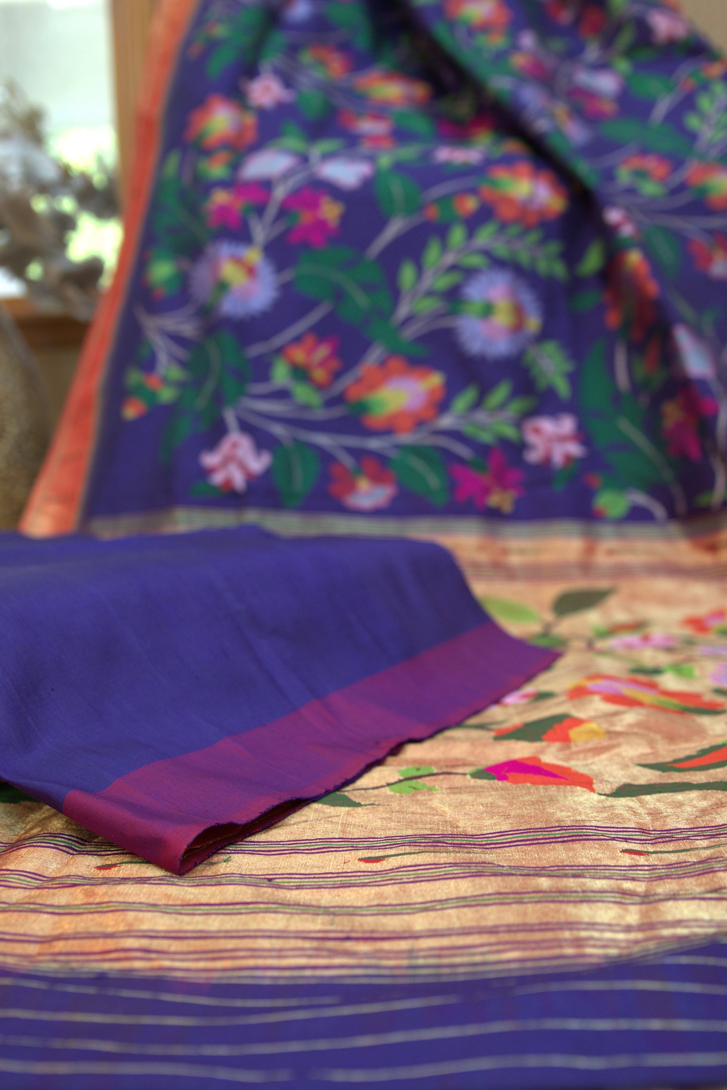 Navy and Bronze Floral Allover Paithani Sari