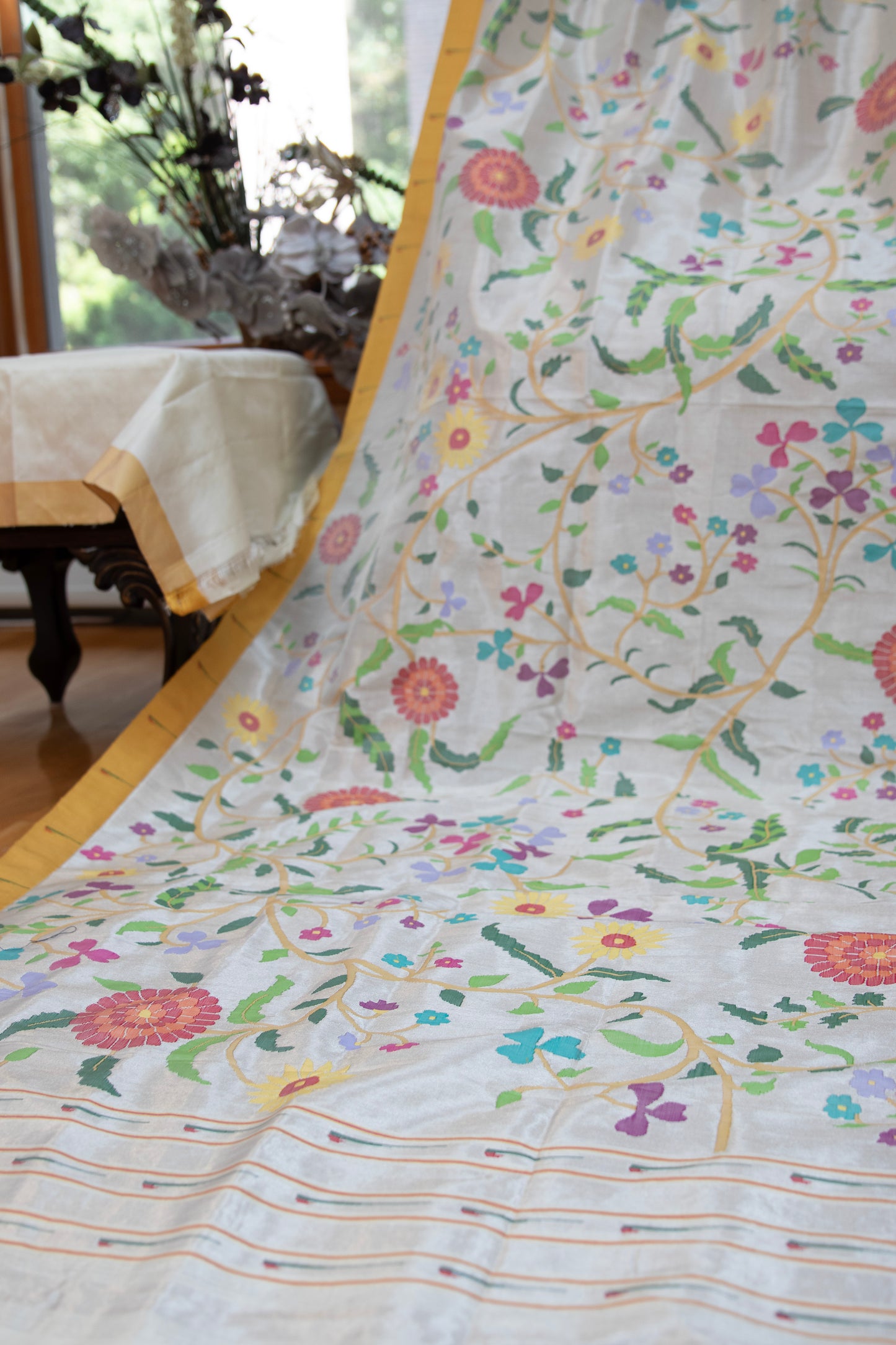 White and Multicolor Floral Allover Paithani Sari