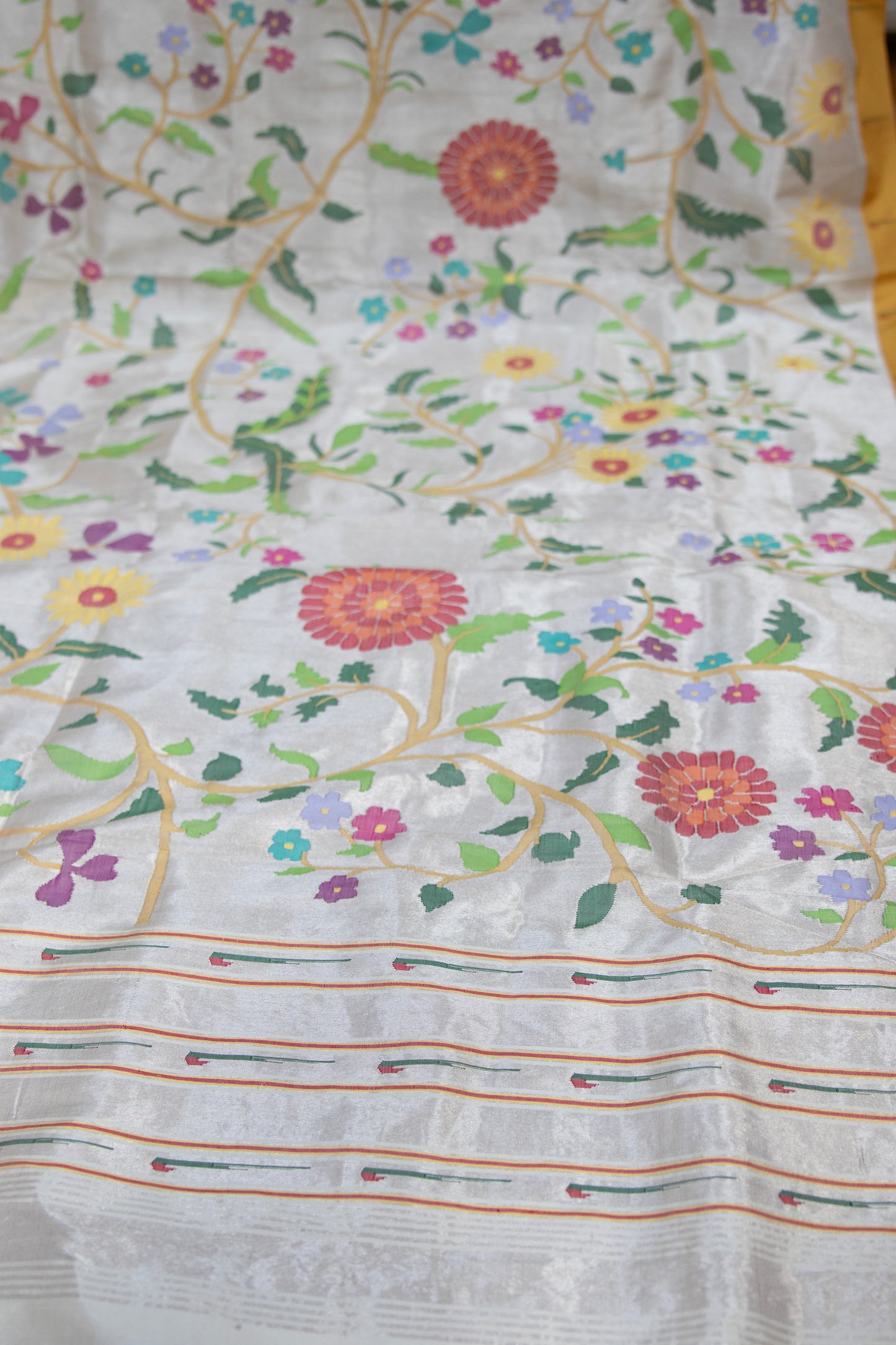 White and Multicolor Floral Allover Paithani Sari