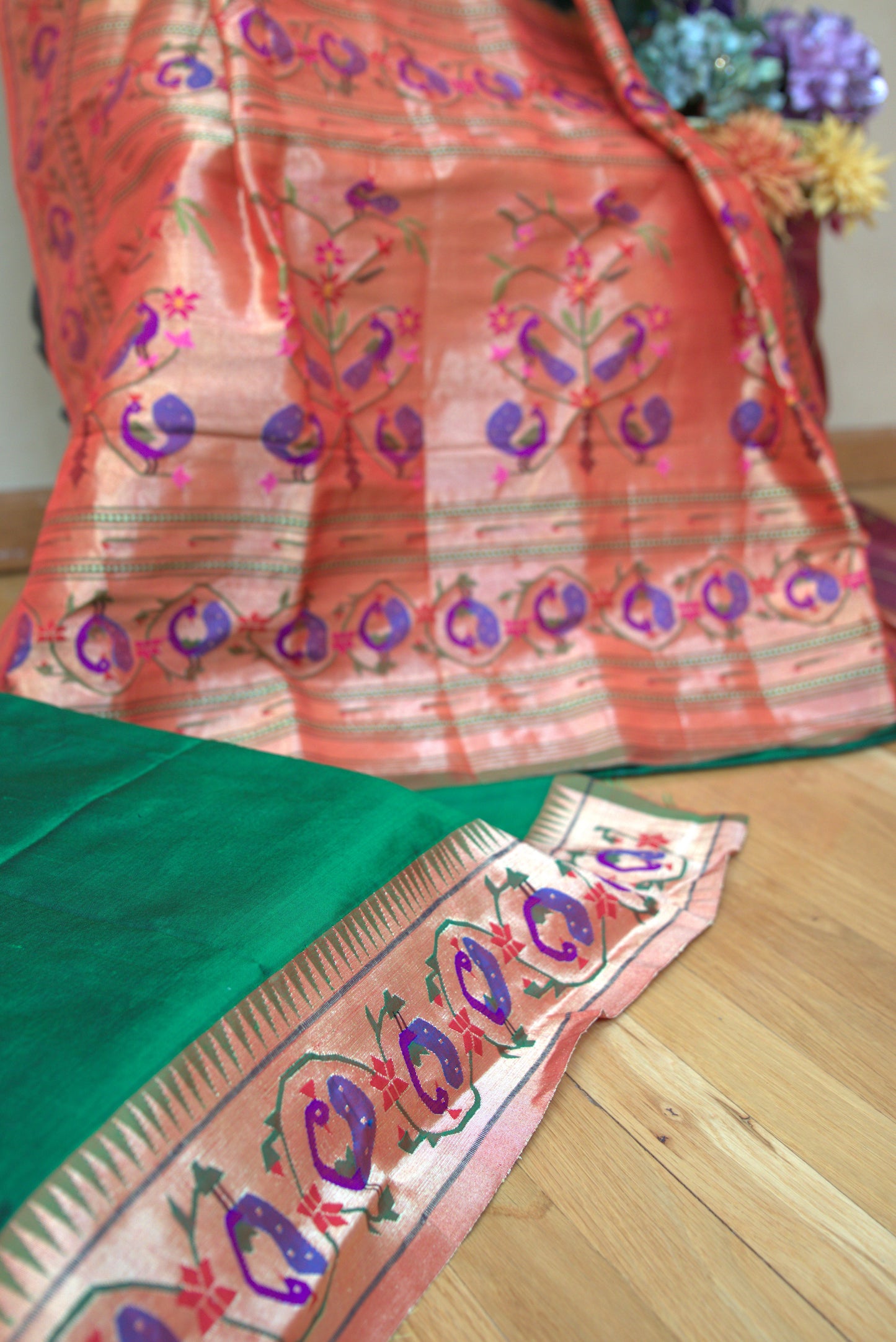 Green and Orange Floral Paithani Sari