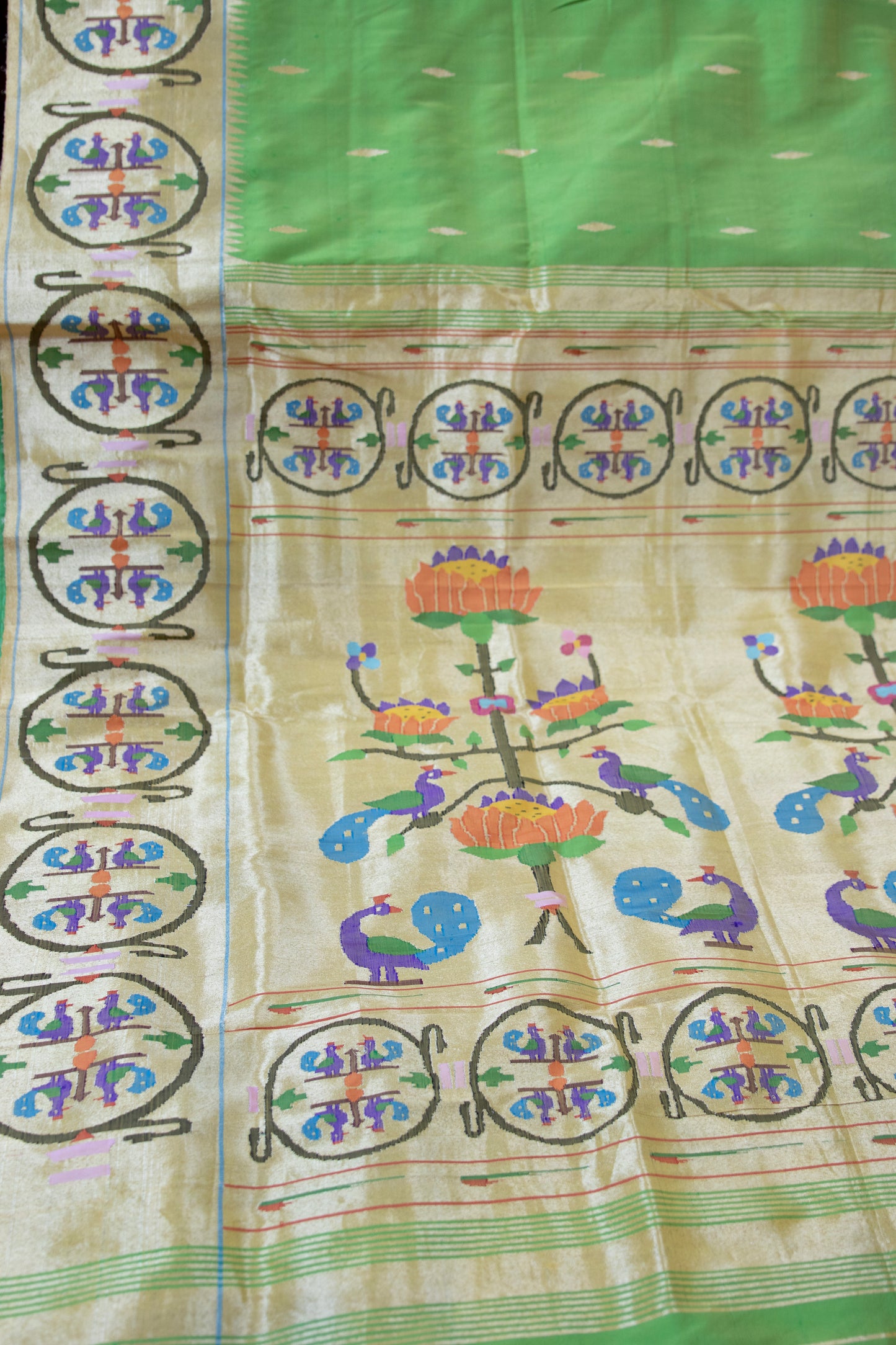 Lime Green and Gold Mor Bangdi Paithani Sari