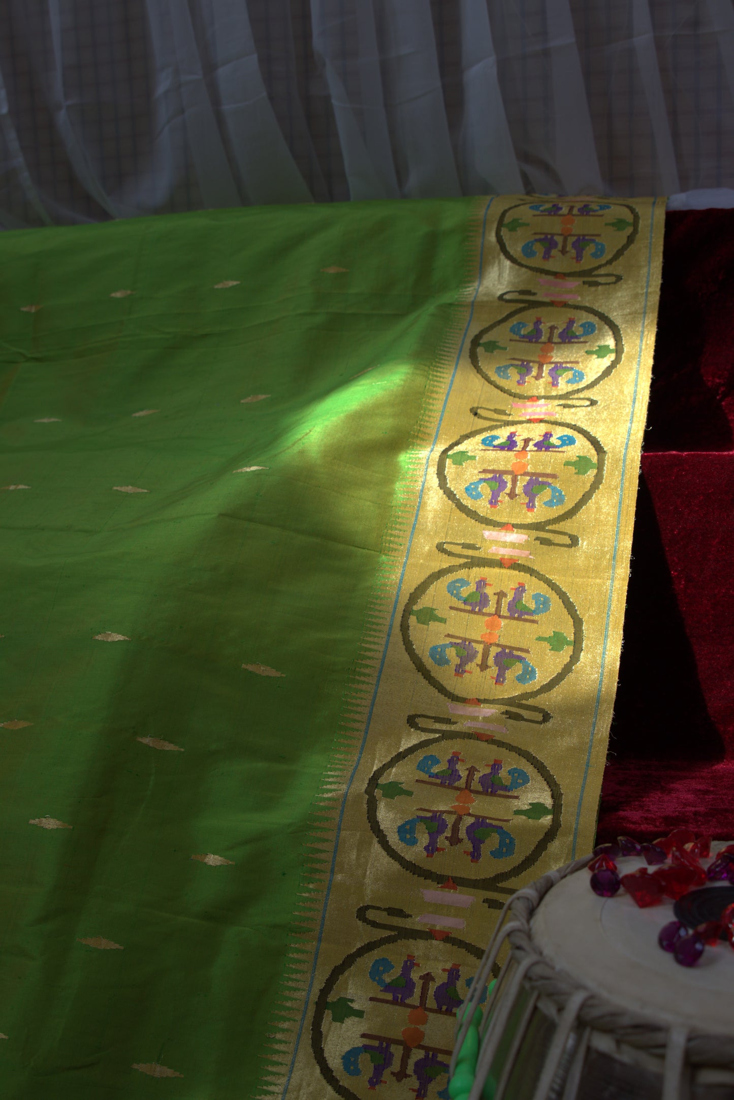 Lime Green and Gold Mor Bangdi Paithani Sari