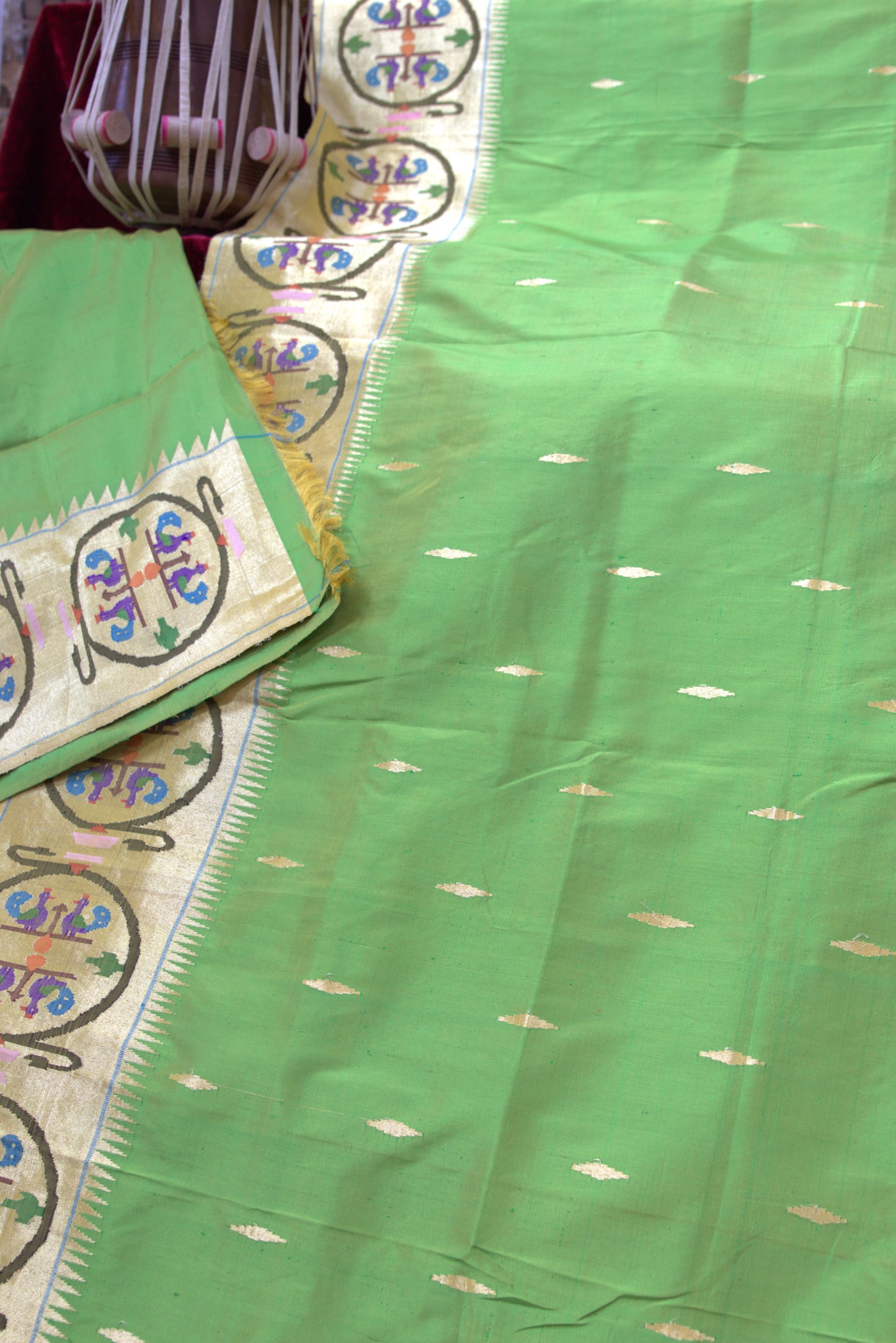 Lime Green and Gold Mor Bangdi Paithani Sari
