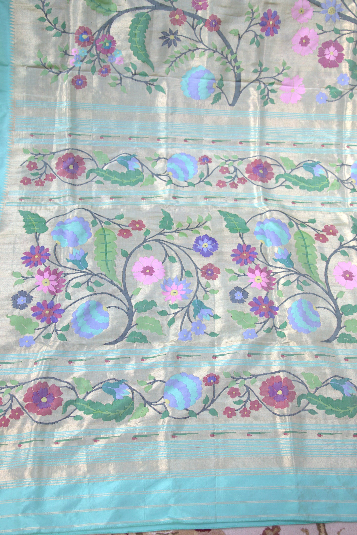 Sky Blue and Gold Floral Allover Paithani Sari