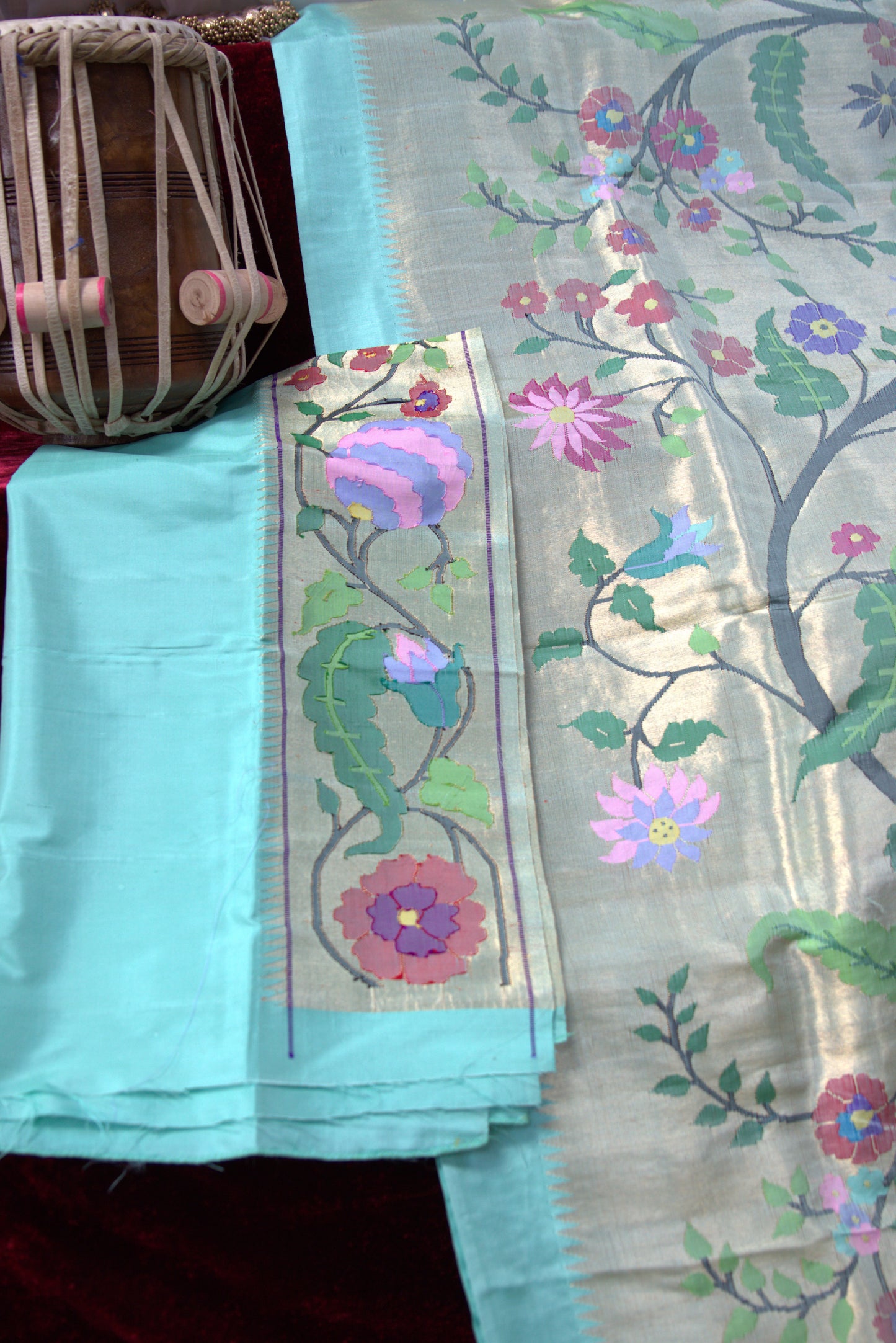 Sky Blue and Gold Floral Allover Paithani Sari
