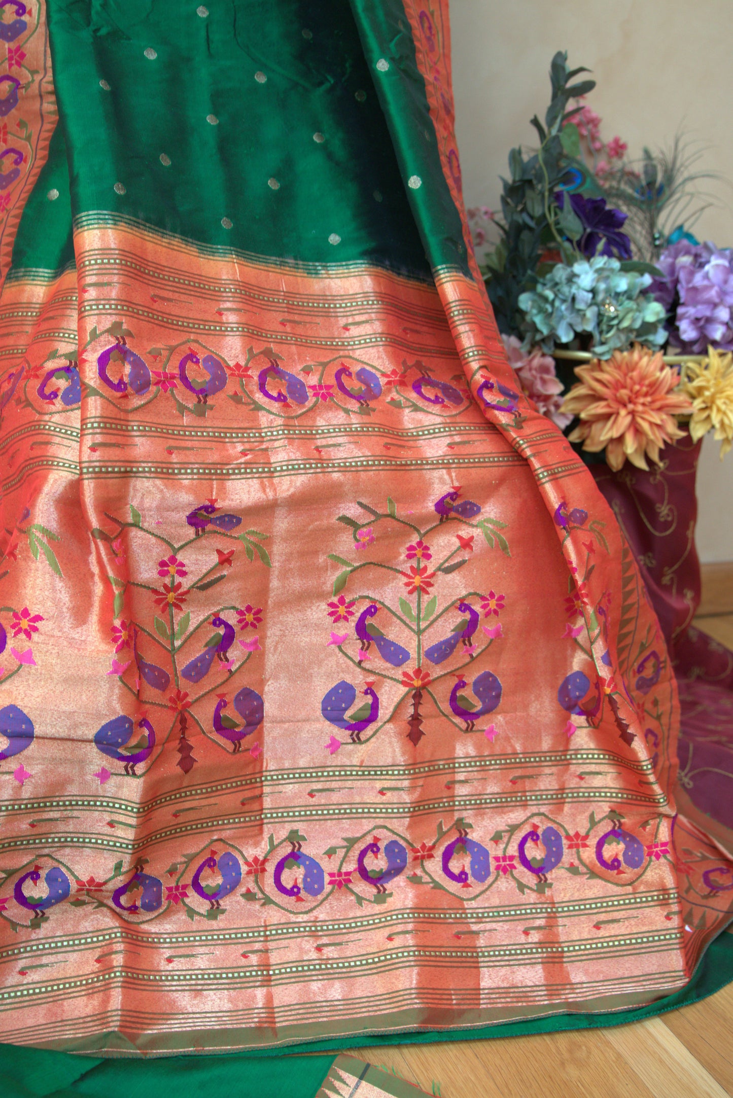 Green and Orange Floral Paithani Sari