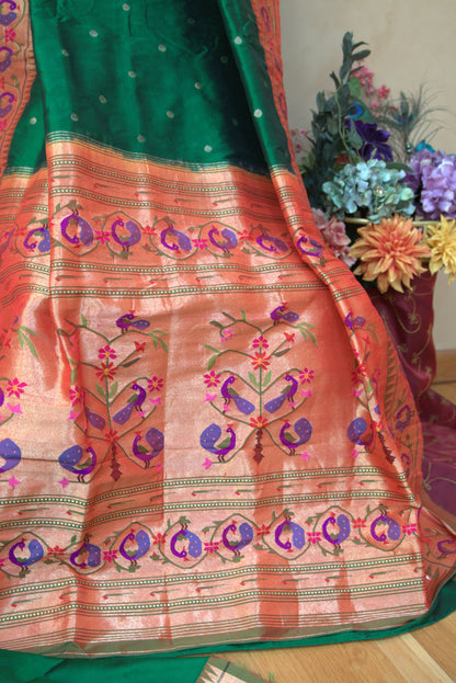 Green and Orange Floral Paithani Sari