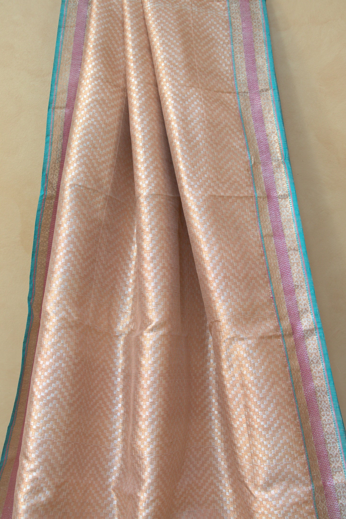 Rose Gold and Turquoise Jamavar Sari