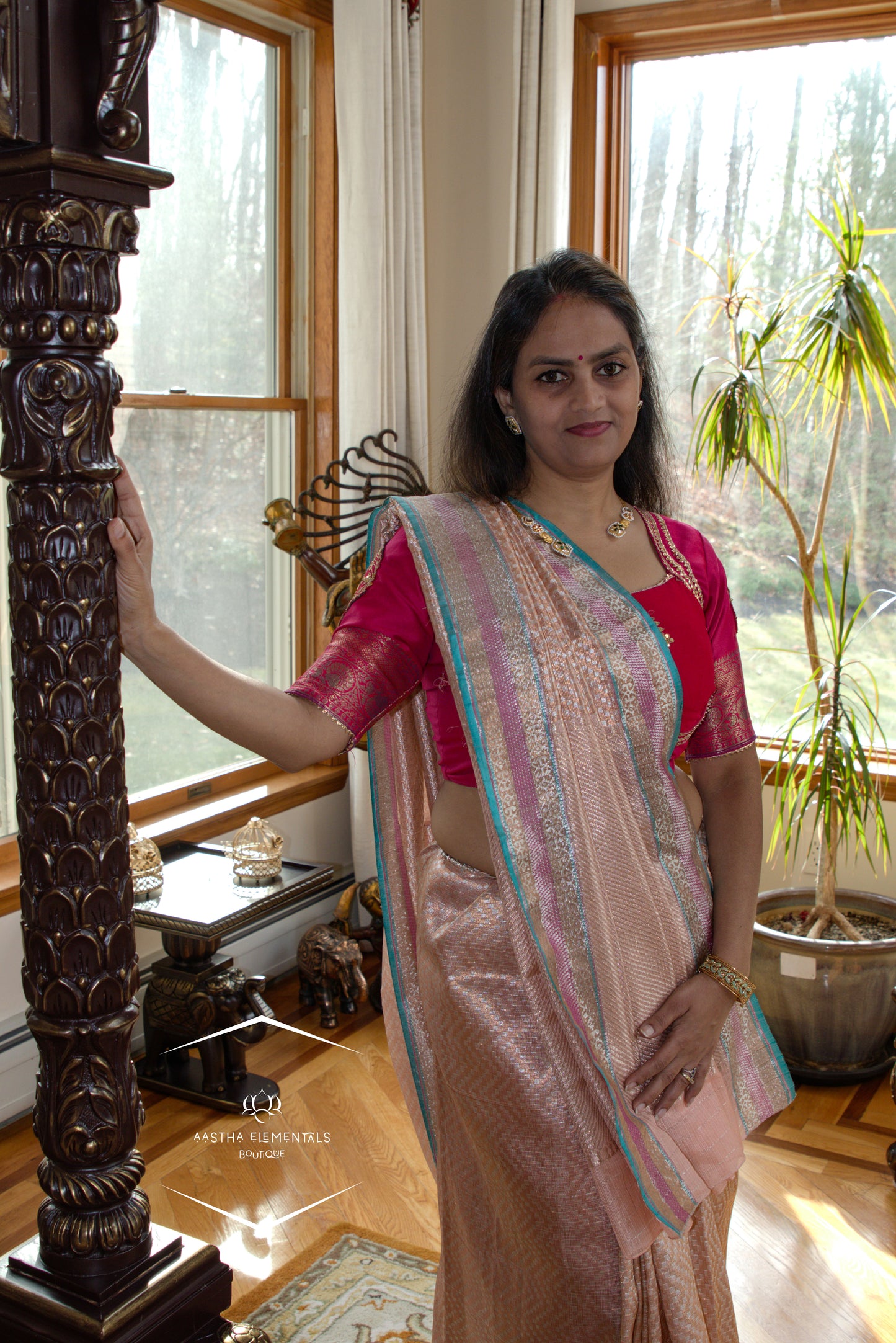 Rose Gold and Turquoise Jamavar Sari