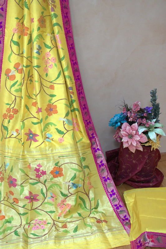 Bright Yellow Floral Allover Paithani Sari