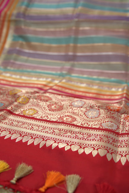 Red and Multicolor Kora Banarasi Rangkat Silk Sari