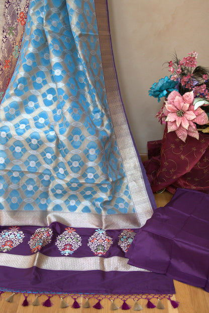 Baby Blue and Purple Kora Banarasi Silk Sari