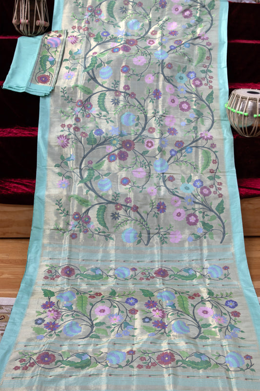 Sky Blue and Gold Floral Allover Paithani Sari