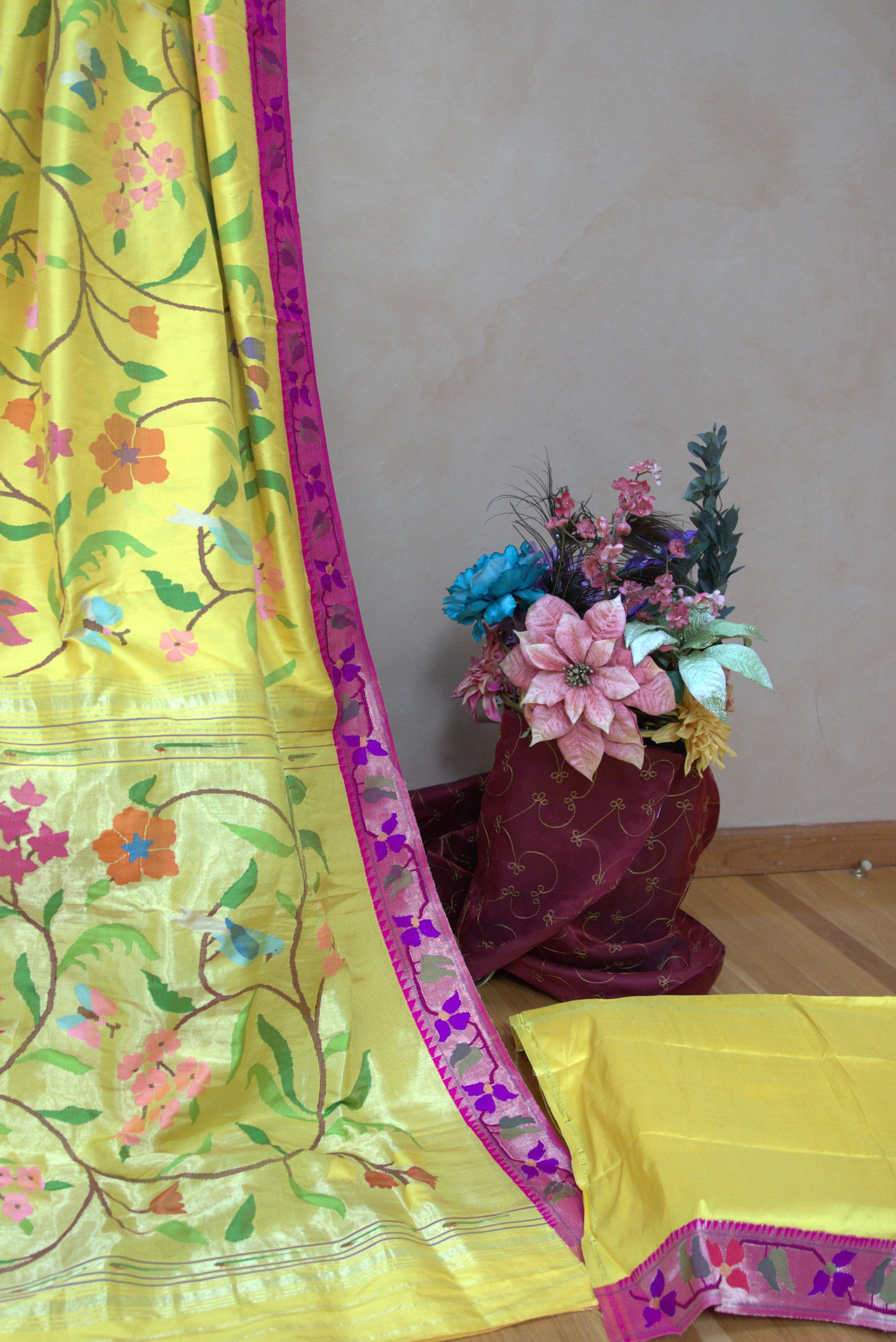 Bright Yellow Floral Allover Paithani Sari