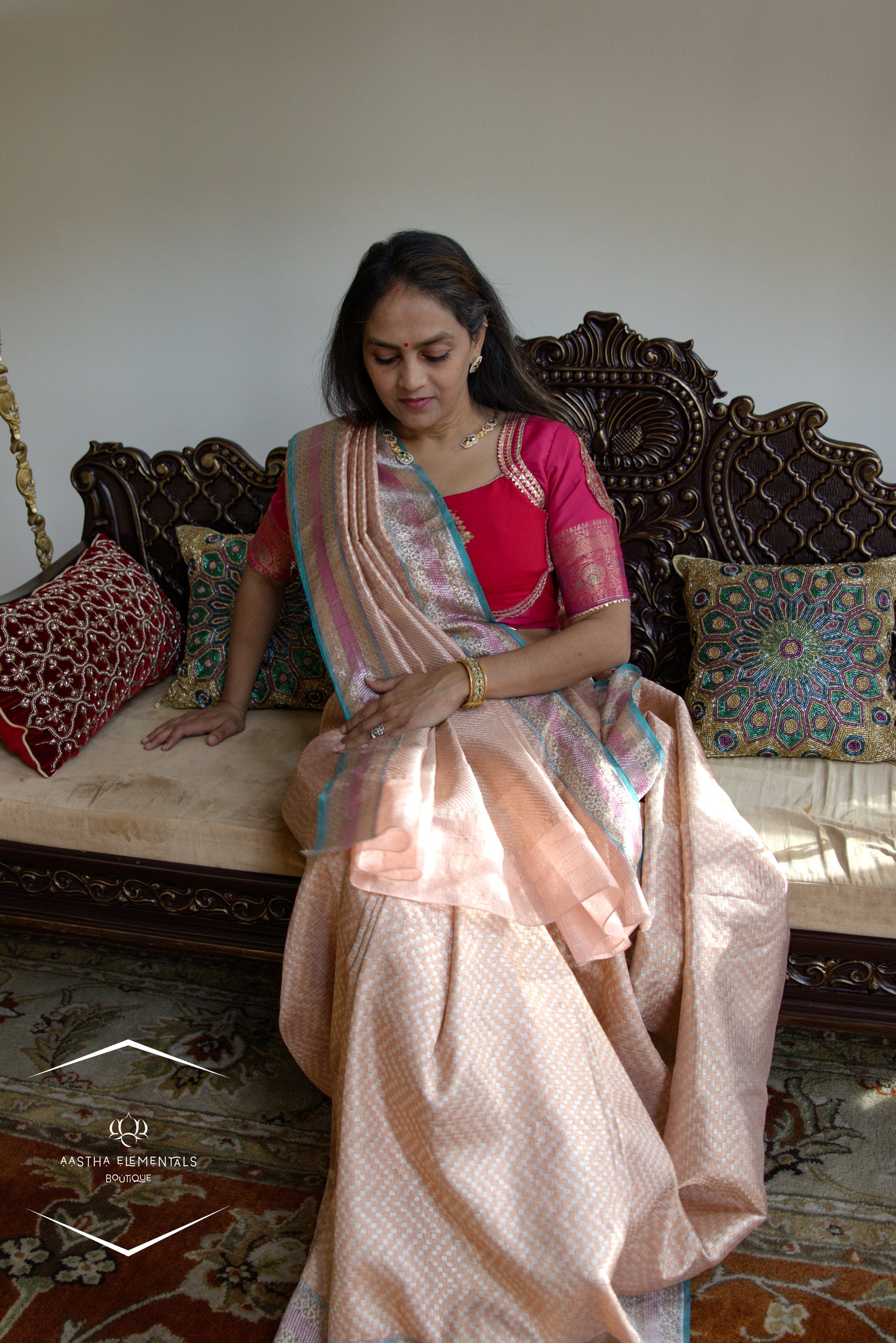 Rose Gold and Turquoise Jamavar Sari