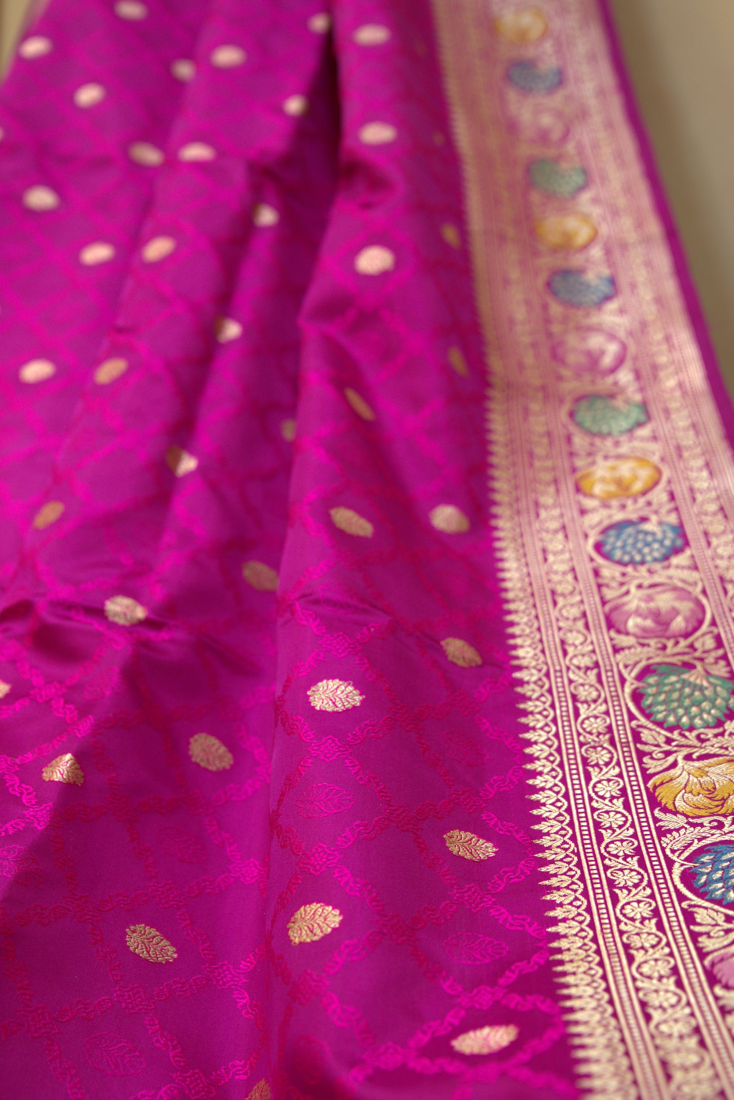 Hot Pink and Gold Masroo Banarasi Silk Sari