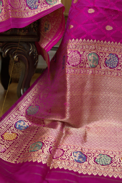 Hot Pink and Gold Masroo Banarasi Silk Sari