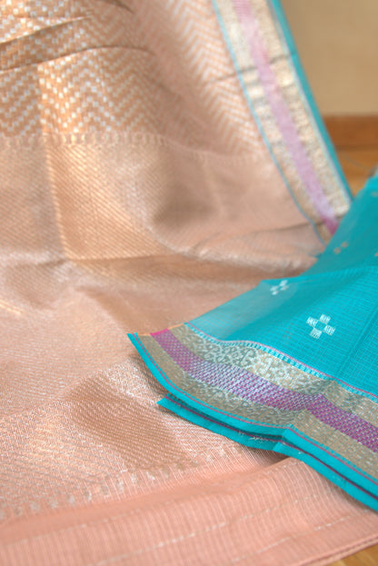 Rose Gold and Turquoise Jamavar Sari