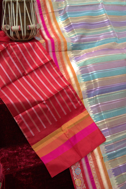 Red and Multicolor Kora Banarasi Rangkat Silk Sari