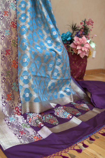 Baby Blue and Purple Kora Banarasi Silk Sari