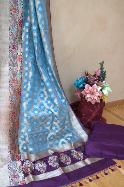 Baby Blue and Purple Kora Banarasi Silk Sari