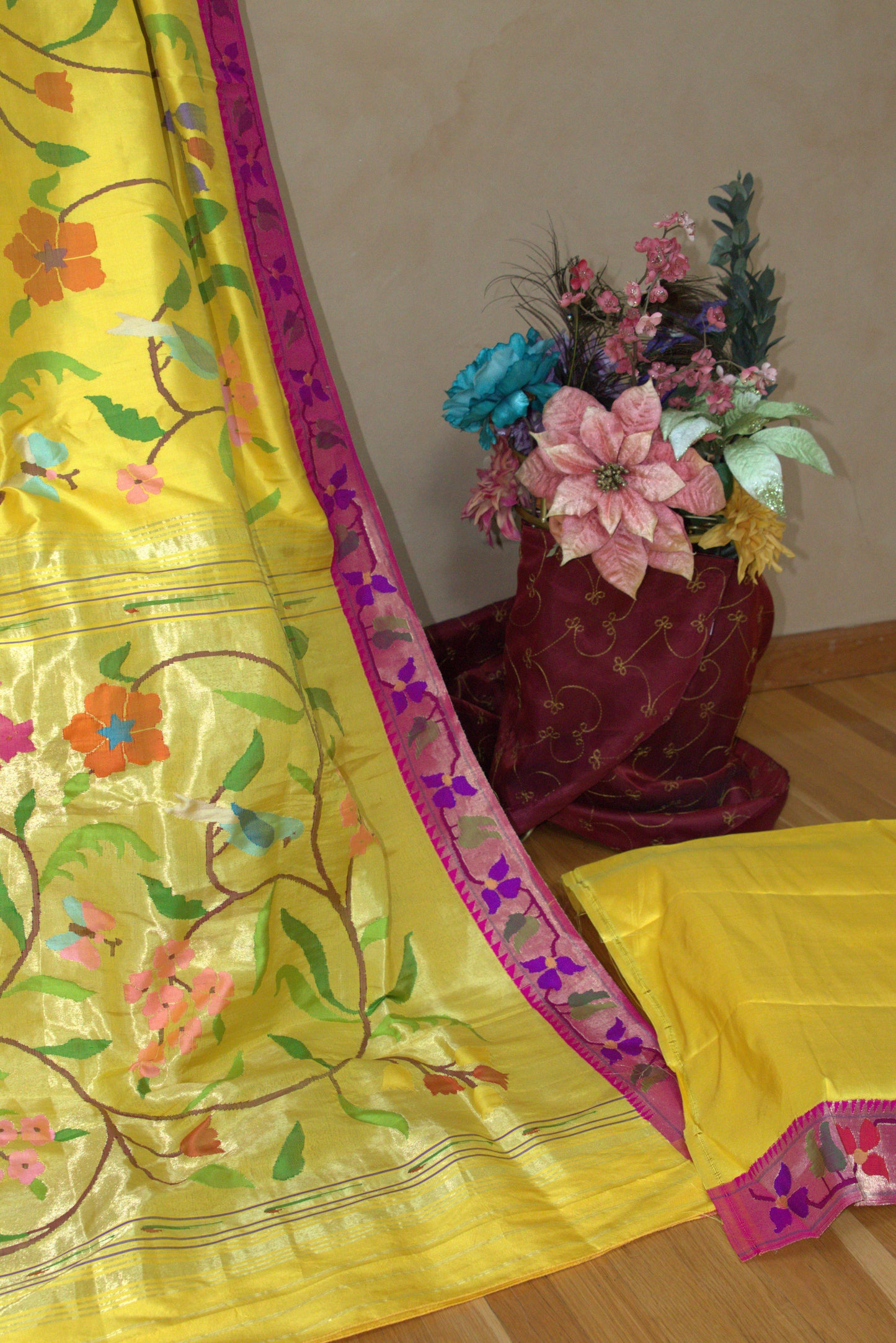 Bright Yellow Floral Allover Paithani Sari