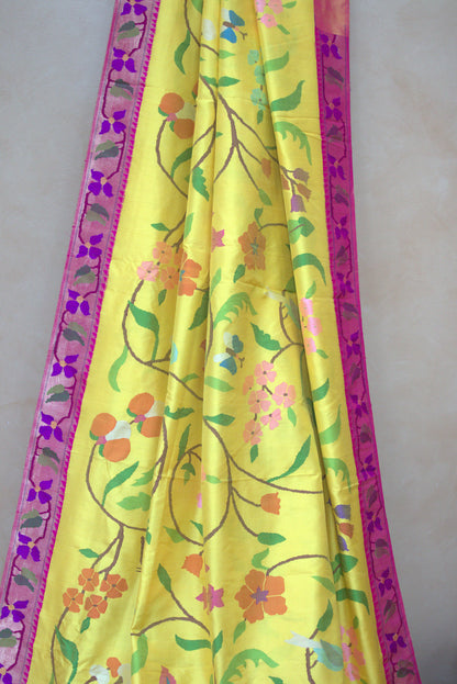 Bright Yellow Floral Allover Paithani Sari