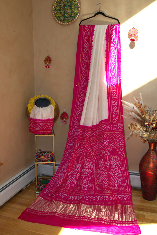 Hot Pink and White Bandhani Sari