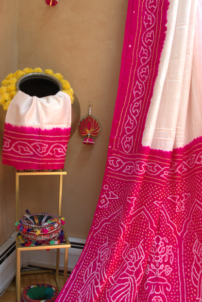 Hot Pink and White Bandhani Sari