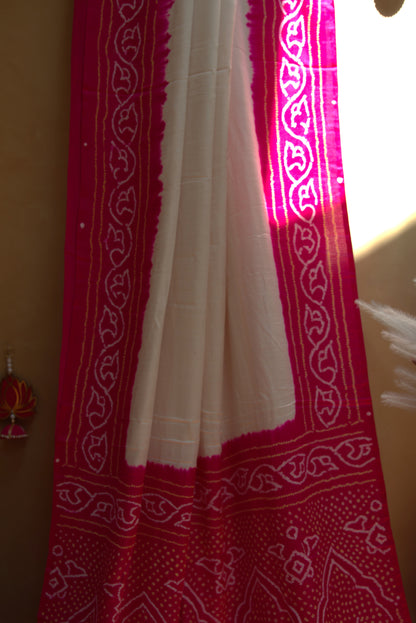 Hot Pink and White Bandhani Sari