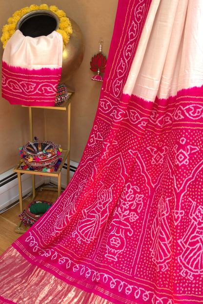 Hot Pink and White Bandhani Sari