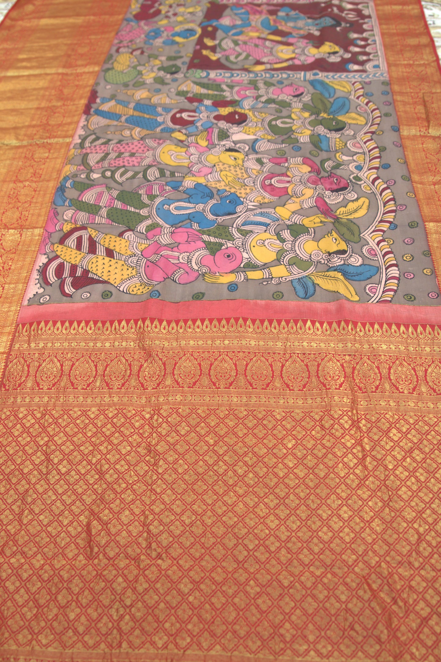 Red Lord Shiva/Mata Parvati Kalamkari Sari