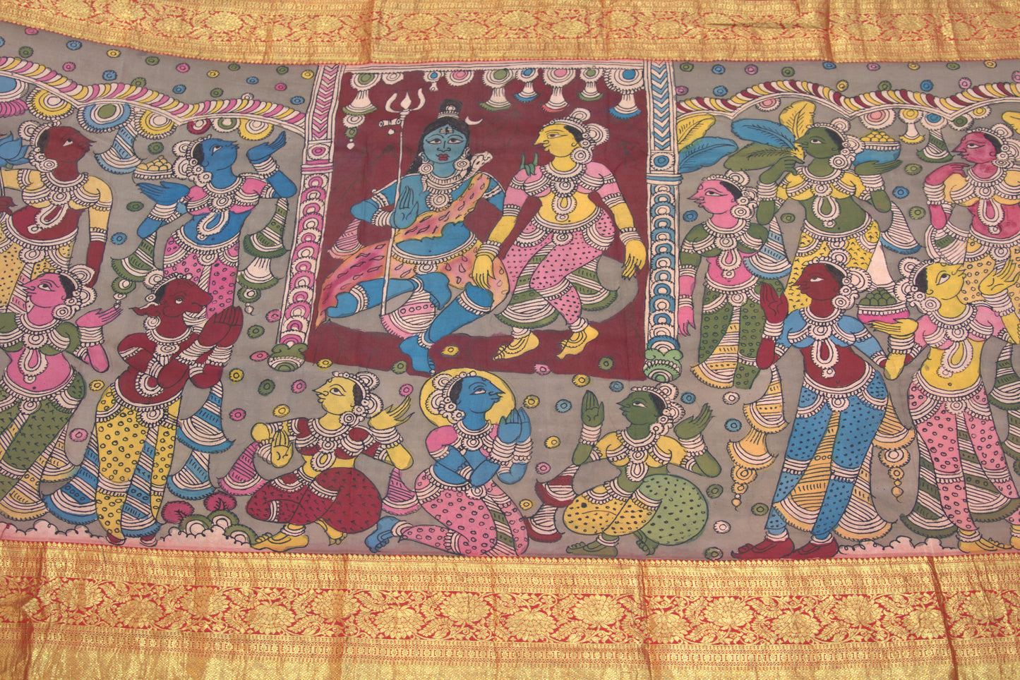 Red Lord Shiva/Mata Parvati Kalamkari Sari