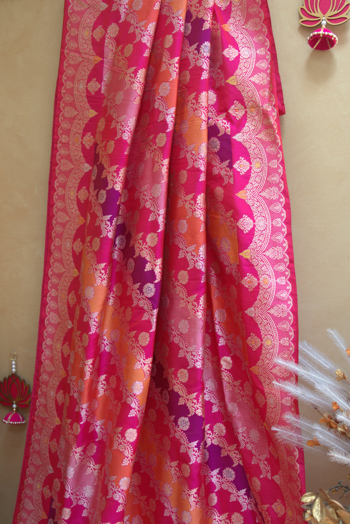 Hot Pink Multi Rangkat Banarasi Silk Sari