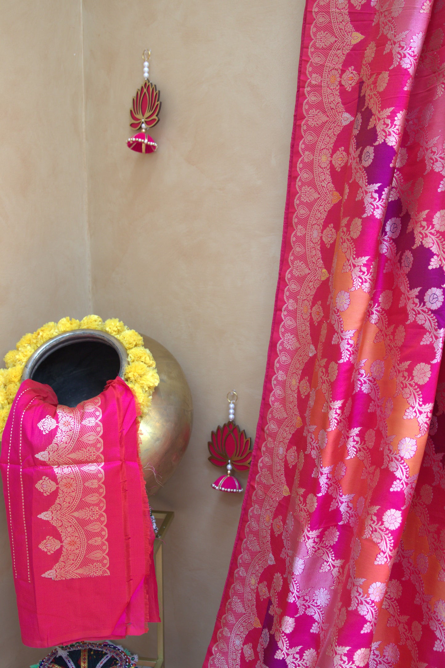 Hot Pink Multi Rangkat Banarasi Silk Sari