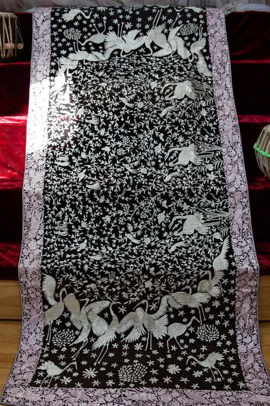 Baby Pink, Black, and White Heron Parsi Gara Dupatta