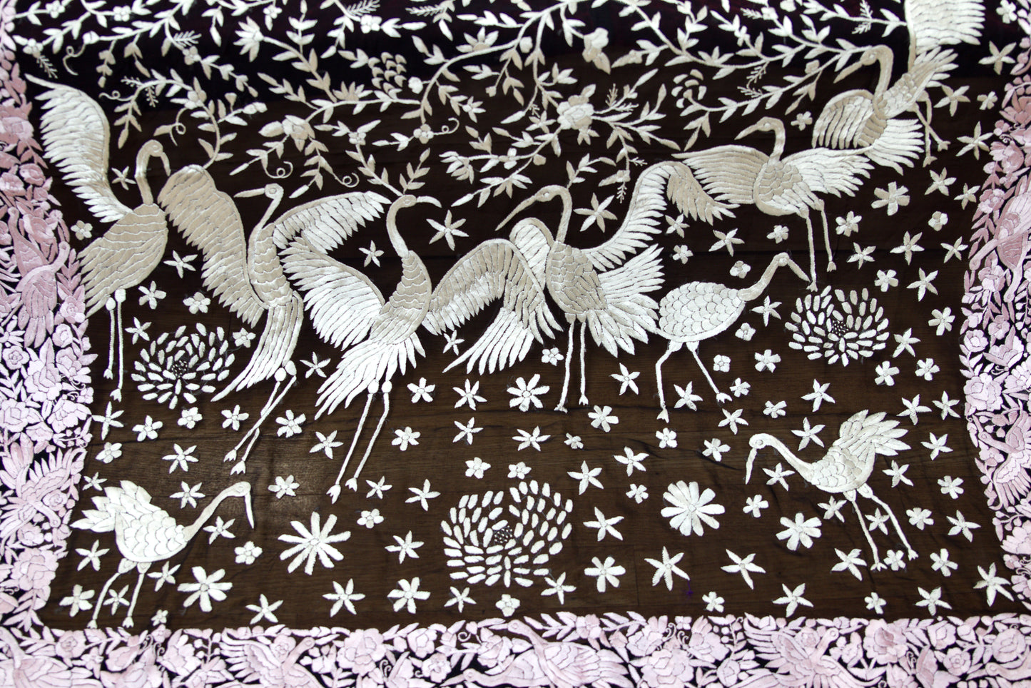 Baby Pink, Black, and White Heron Parsi Gara Dupatta