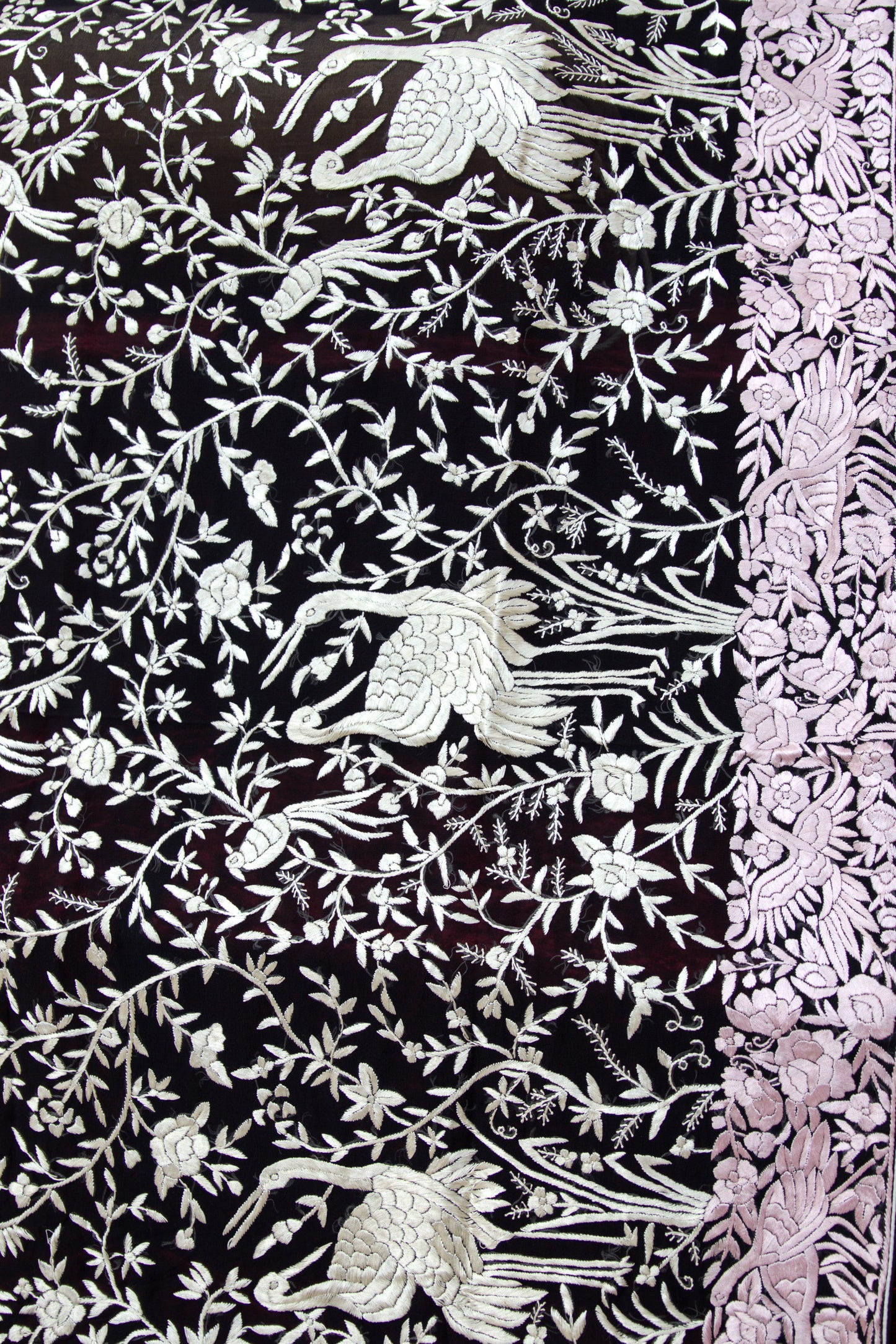 Baby Pink, Black, and White Heron Parsi Gara Dupatta