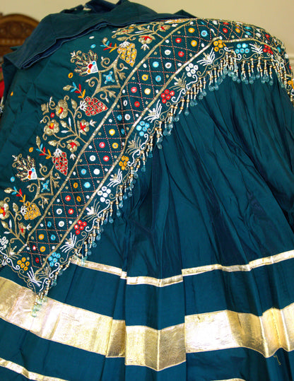 Teal Green Lehenga Choli with Multicolor Handwork