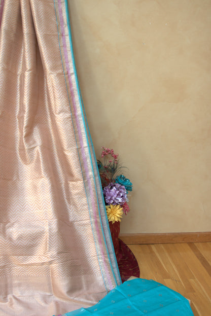 Rose Gold and Turquoise Jamavar Sari