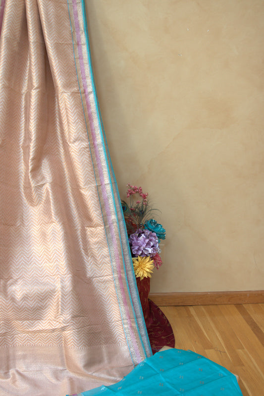 Rose Gold and Turquoise Jamavar Sari