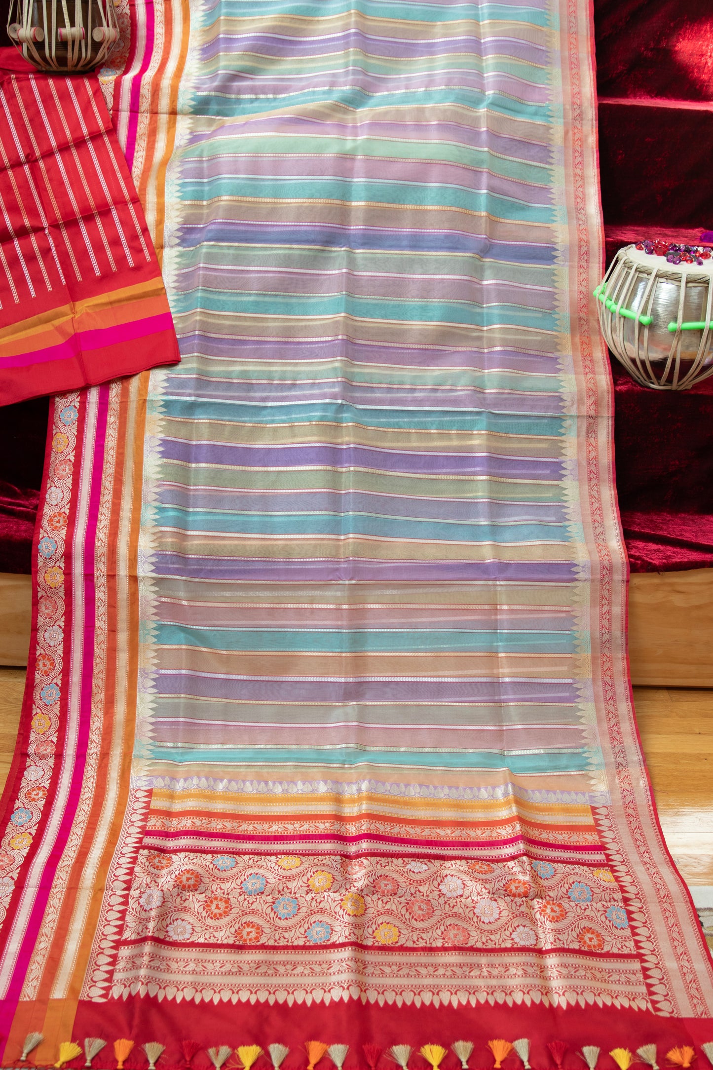 Red and Multicolor Kora Banarasi Rangkat Silk Sari