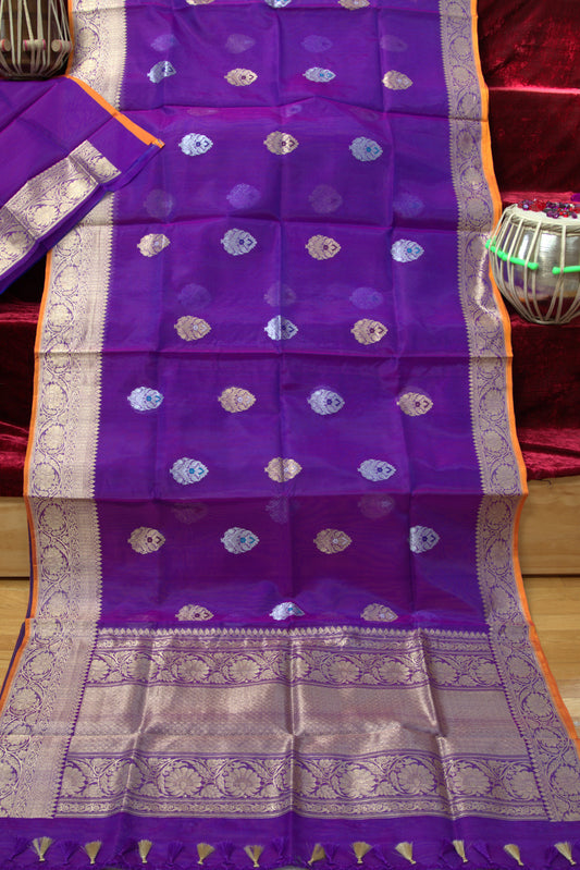 Royal Purple and Gold Kora Banarasi Silk Sari