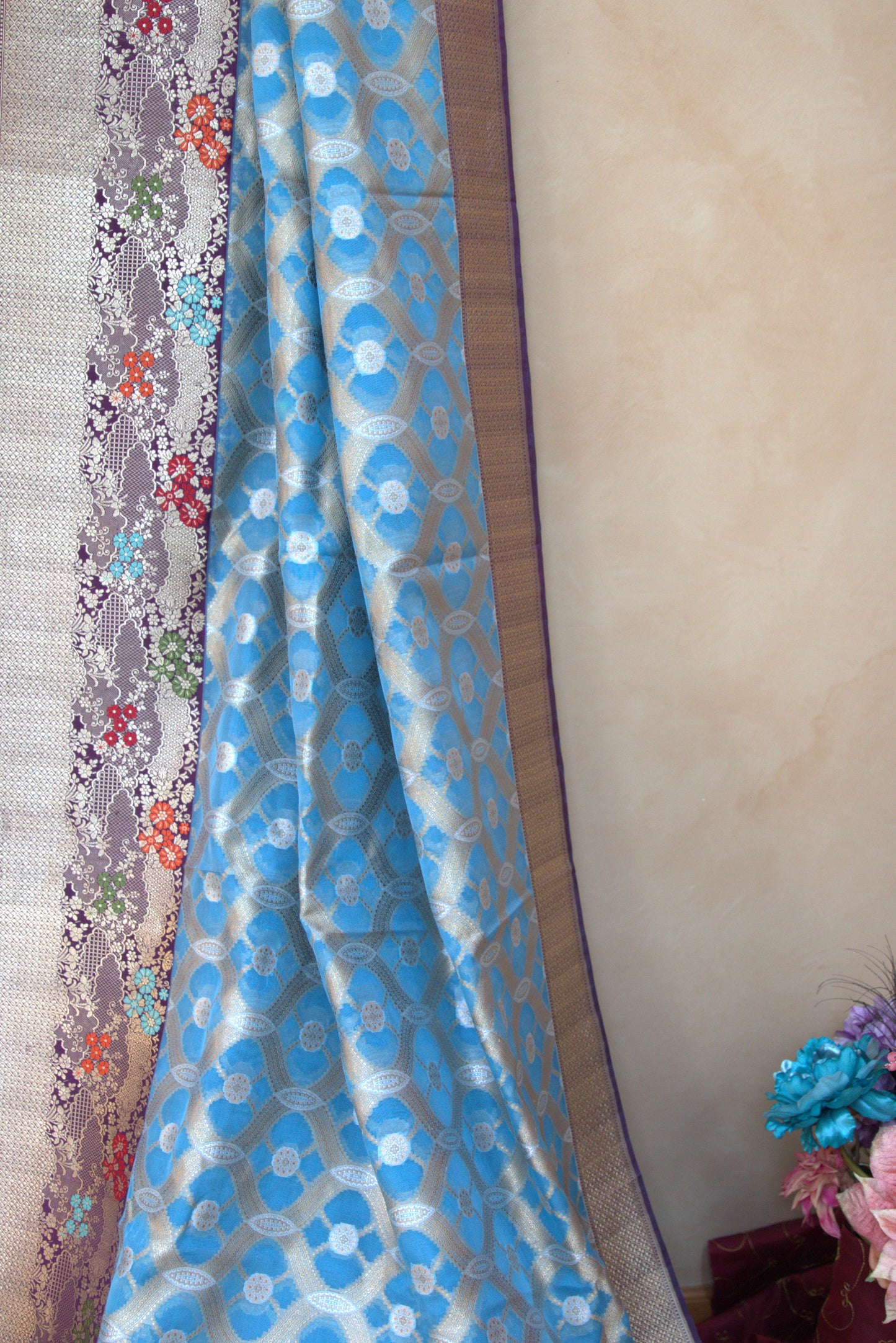 Baby Blue and Purple Kora Banarasi Silk Sari