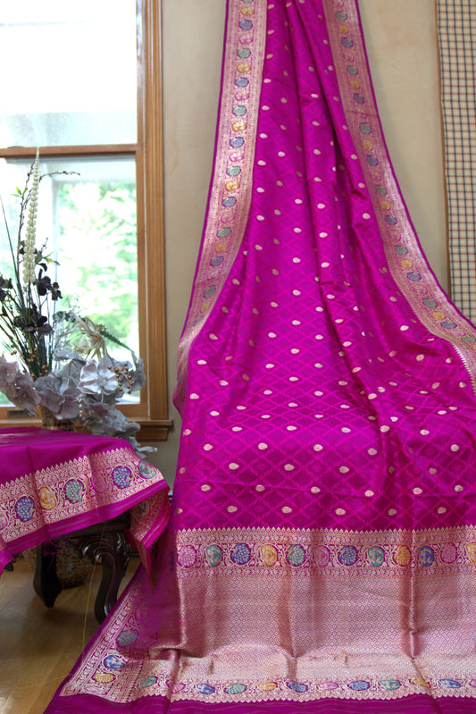 Hot Pink and Gold Masroo Banarasi Silk Sari